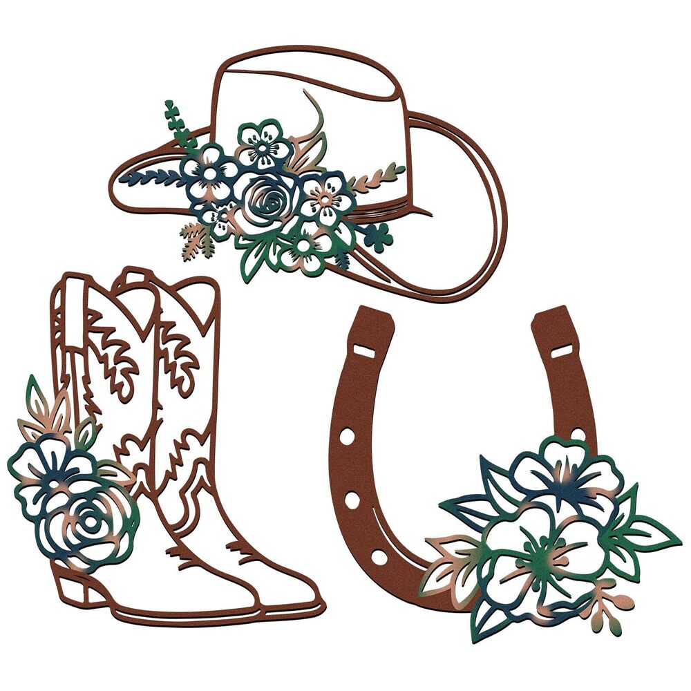 9710 3 Pcs Metal Cowboy Flowers Wall Arts Vintage Western Wall Decor